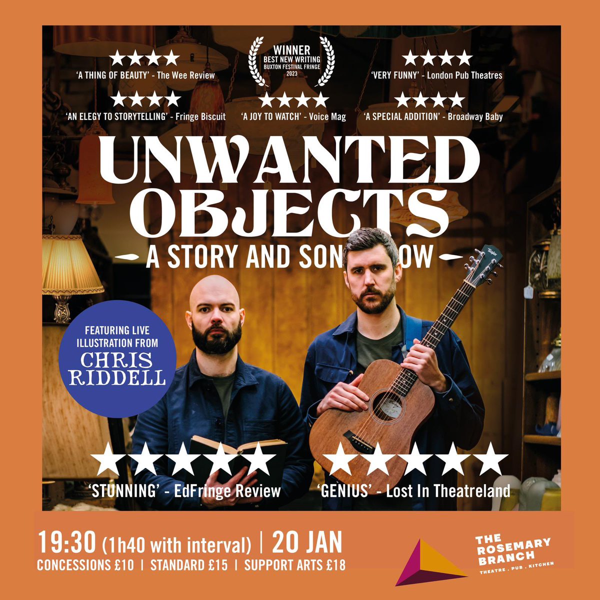 🧸🧡10 days til Unwanted Objects🧡🎶

Our tale of interwoven stories and songs lands at @RosieBTheatre for Gather Together Festival, live illustrated by @chrisriddell50! ✏️

📆20th January
🕰7.30 pm
🎟Link in bio
🧡Directed by @killeenmesoftly 

#londontheatre #fringetheatre