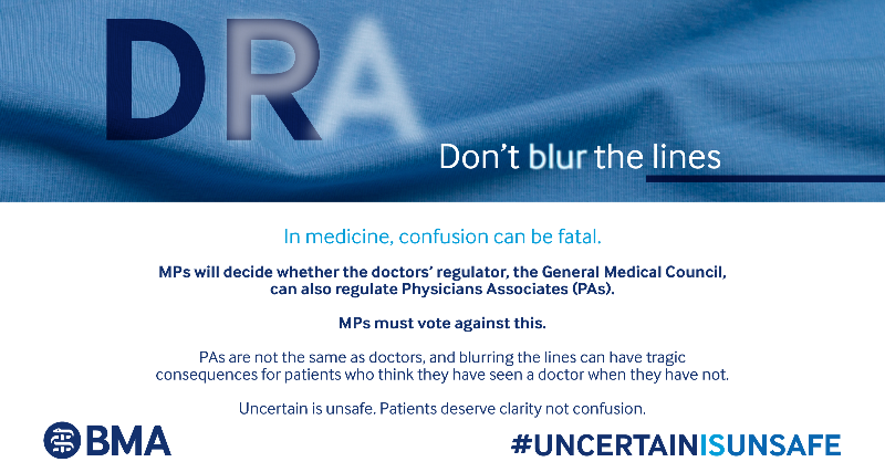 TheBMA's tweet photo. Patients are often left under the impression they've seen a doctor when in reality they haven't.

This is a risk to patient safety, and new Government plans to regulate PAs and AAs will only confuse things more.

Please write to your MP today.

#UncertainIsUnsafe