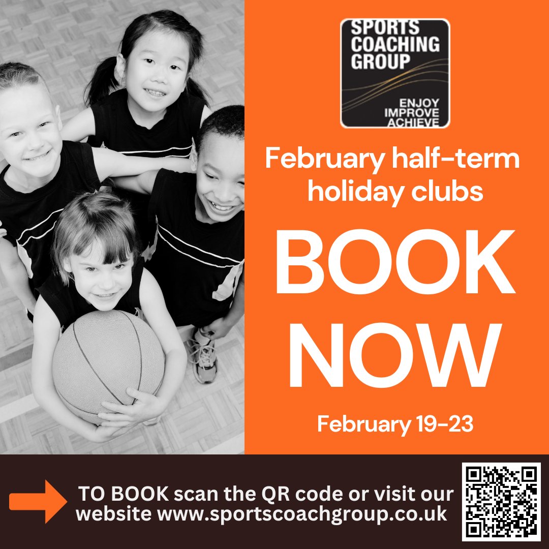 We will be running half-term holiday clubs from February 19-23 at: 

⭐️   Pear Tree Primary School;

⭐️  Wistaston Church Lane Academy;

⭐️  Holmes Chapel Primary School;

⭐️  Vernon Primary School;

⭐️  Sandbach Boys' School.

➡️ To book, click here: sportscoachinggroup.co.uk/holiday-clubs