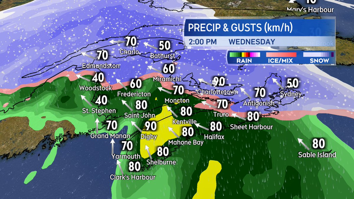 Snow-rain line has pushed up through the southwest of NB and western NS. Strong southeast winds in the southwest of NS now. Strongest gusts so far on exposed areas of the coast. Inland gusts still high, 60-80 km/h. Snow-rain line progresses north and east this afternoon.