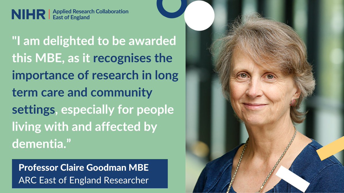 NIHR ARC East of England (@arc_eoe) on Twitter photo 🎖️We are thrilled to share that <a href="/ARC_EoE/">NIHR ARC East of England</a>'s Prof. Claire Goodman has been awarded an MBE for her services to improving the experiences of older people in both #carehomes and those living at home.
Learn more about Claire's #research here➡️arc-eoe.nihr.ac.uk/news-blogs/new…
#NewYearsHonours 🎖️We are thrilled to share that <a href="/ARC_EoE/">NIHR ARC East of England</a>'s Prof. Claire Goodman has been awarded an MBE for her services to improving the experiences of older people in both #carehomes and those living at home.
Learn more about Claire's #research here➡️arc-eoe.nihr.ac.uk/news-blogs/new…
#NewYearsHonours