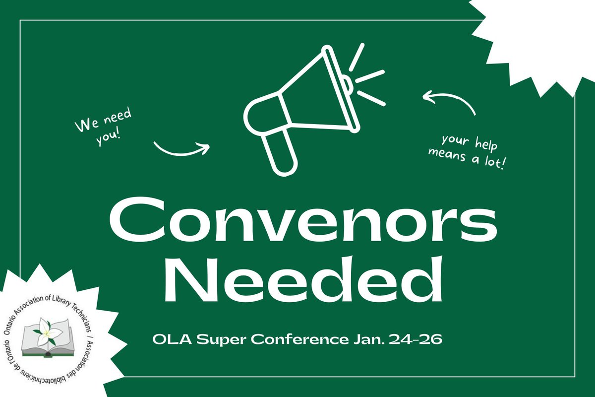 OALTABO's tweet photo. Convenors are still needed for the Library Technician Stream sessions at the January 24-26 OLA Super Conference. Please contact ola-planner@oaltabo.on.ca to volunteer. https://t.co/ij09DrEiud
