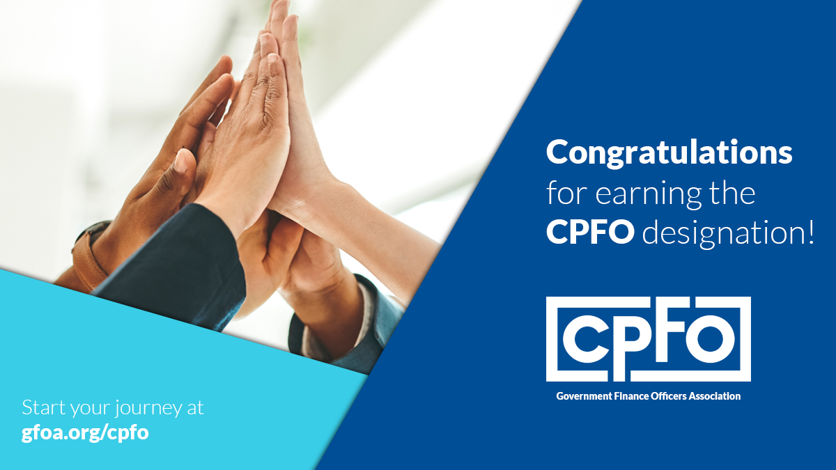 GFOA's tweet photo. Let's congratulate the following #GFOA members who earned the Certified Public Finance Officers (#CPFO) designation in December:
-Jeremy Andrykowski, CPFO
-Laura Bowers, CPFO
-William Christianson, CPFO
-Audrey Danek, CPFO
-Xiangjun Guan, CPFO
-Sherwin Pestka, CPFO
#localgov https://t.co/Rt7LOmL7Cr