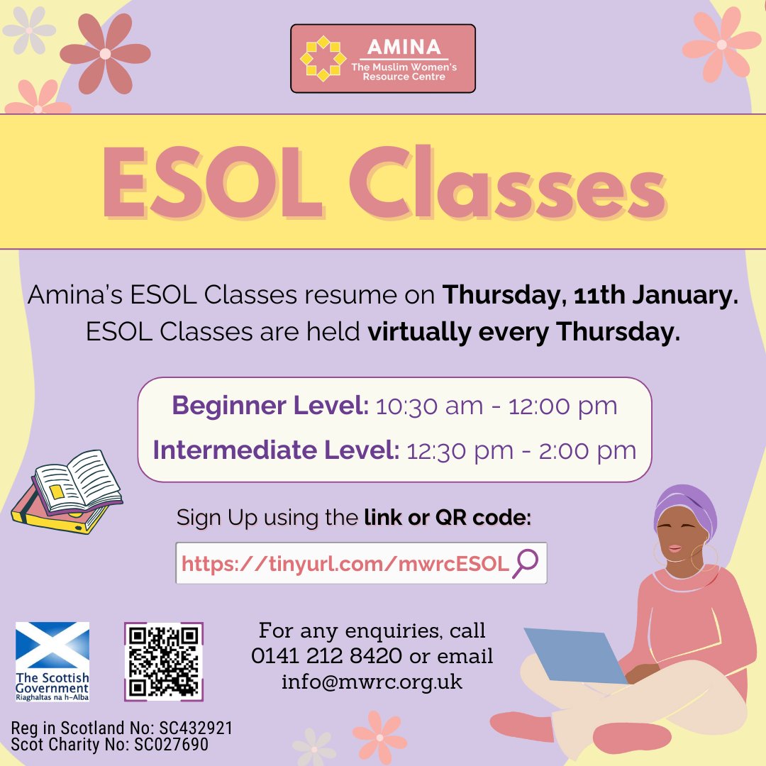 AminaMWRC's tweet photo. π Beginner & Intermediate ESOL Classes resume tomorrow on Thursday, 11th January. Classes are held weekly, each Thursday. πTo register, complete the form linked in bio, or scan the QR code on the poster!
#AminaMWRC #ESOL #ESOLClasses #ESOLGlasgow #WomensClasses #LearnEnglish https://t.co/ixbFF1Zh8K