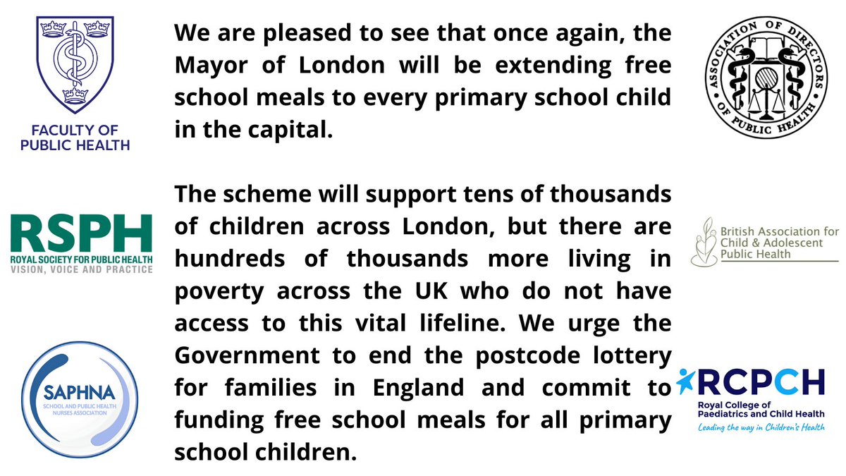 Yesterday, @MayorofLondon announced that primary school children would continue to receive free school meals in 2024/25. 👀Read why we have joined other health leaders in urging #Gvt to commit to funding free school meals to ALL primary school children➡️bit.ly/freemeals24