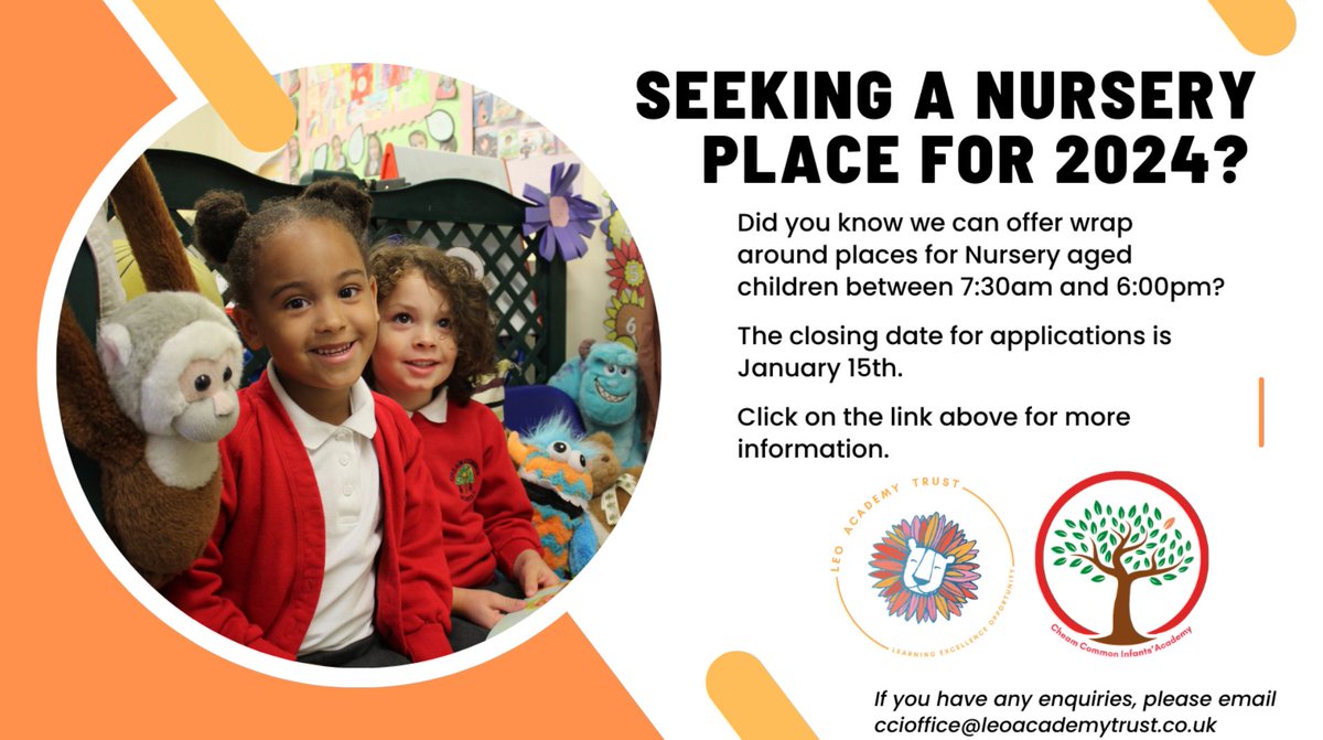 Are you seeking a Nursery place for 2024?
We can offer wrap around places for Nursery aged children from 7:30am until 6:00pm.  For more information click here: drive.google.com/file/d/1_ueihk…
<a href="/LEOacademies/">LEO Academy Trust</a> #WeAreLeo
Remember closing date for applications is January 15th.