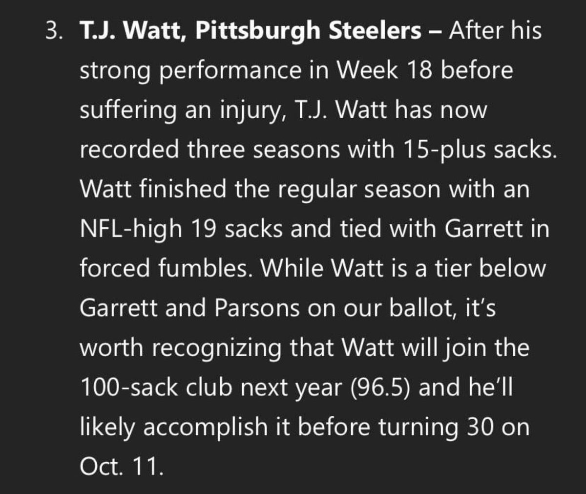 Blitz_Burgh's tweet photo. PFF said Watt is a tier below Garrett and Parsons. #Steelers #NFL https://t.co/bbjXGE5aB4