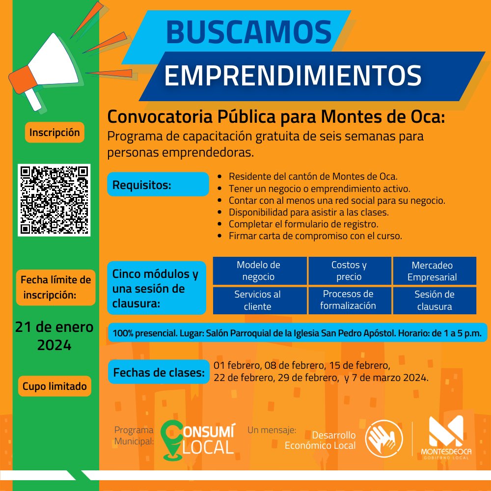 GobMontesDeOca's tweet image. #Emprendimiento ¿Sos emprendedor o emprendedora?  El programa municipal #ConsumíLocal brindará capacitación gratuita durante seis semanas a personas  emprendedoras de Montes de Oca
Cupo limitado. Fecha límite de inscripción: 21 de enero 2024.
forms.office.com/r/cKKuJTfSez