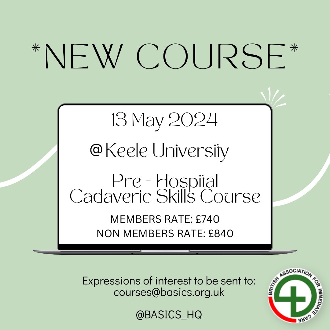 BASICS_HQ's tweet photo. New Course with #BASICS_HQ! Excited to launch our pilot Pre-Hospital Cadaveric Skills Course with experienced instructors, such as @paraacpmattw, at @KeeleUniversity Cadaver Labs on 13 May 2024. An invaluable opportunity to hone skills and practice scenarios.

#PHEM #PHEMtraining https://t.co/1MqqyRvwiV