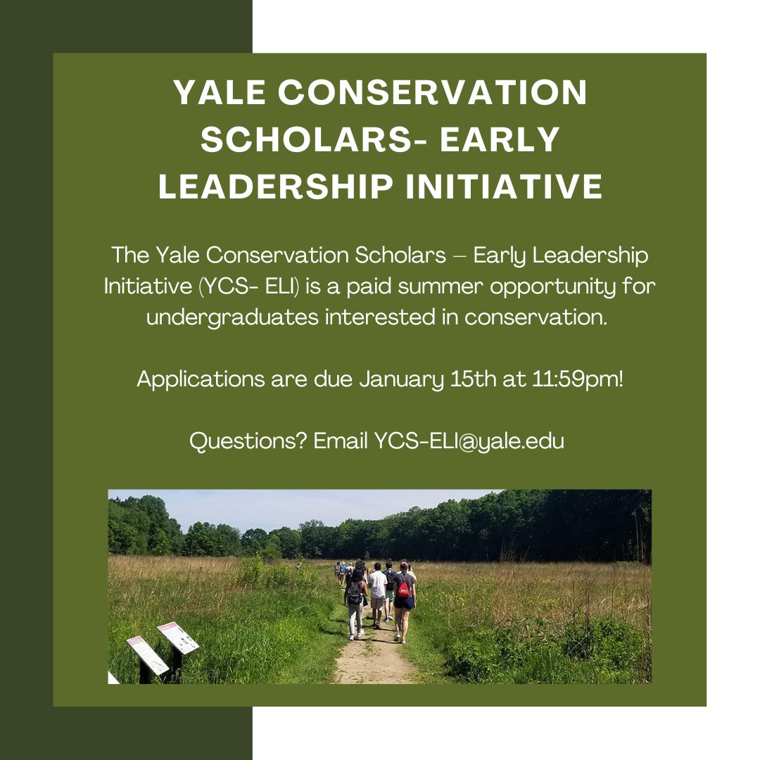 Are you an undergraduate interested in conservation, nature, and the environment? Apply to join the Yale Conservation Scholars- Early Leadership Initiative today! Applications are due January 15th at 11:59pm. Check out the link in our bio to learn more!