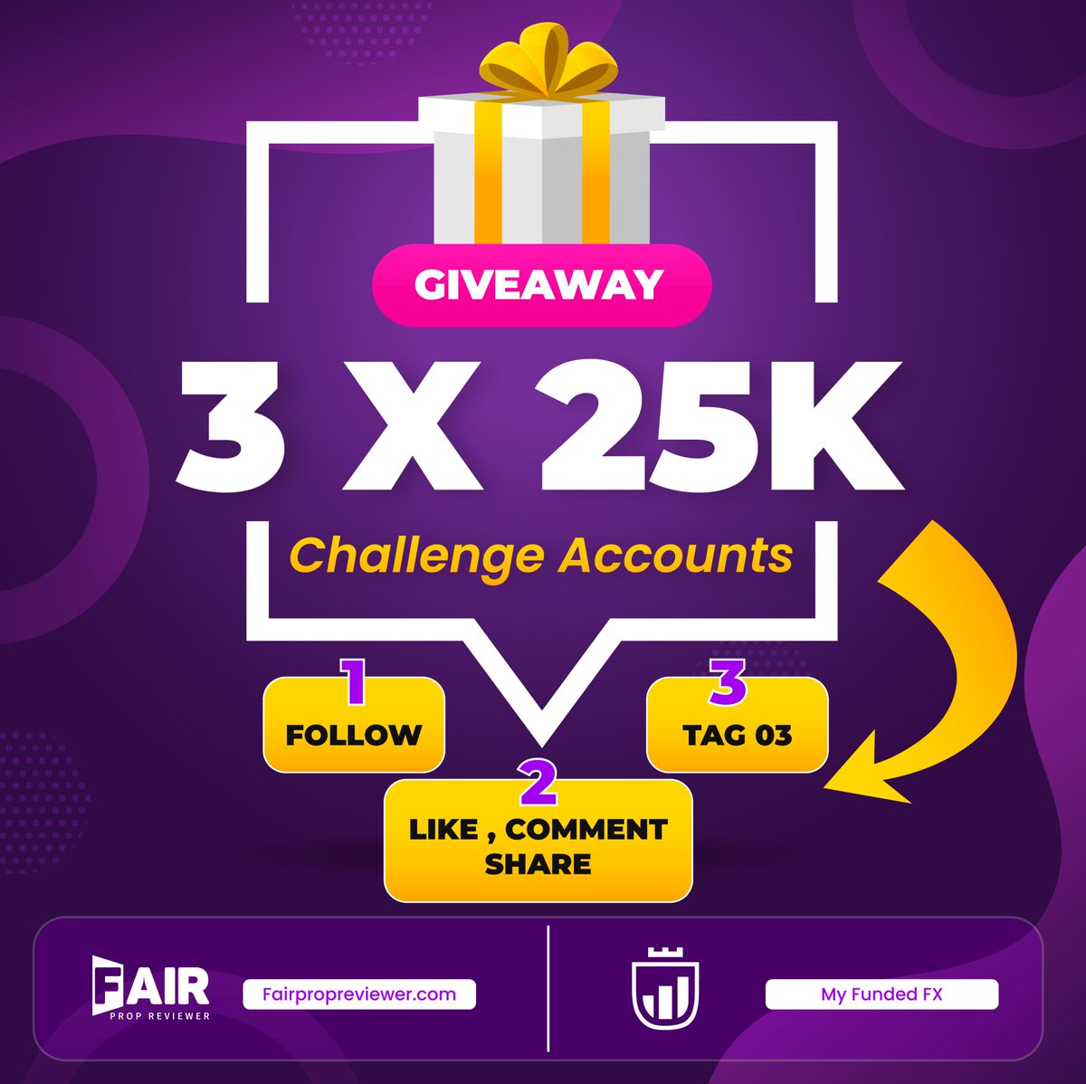 FairPropReview's tweet photo. 3 x 25K Challenge Account Giveaway   

Entry Requirements:   

1. Follow
@FairPropReview
@MyFundedFX 
@Ridmal_RTFX 

2. Like &amp; Repost this + the pinned post   

3. Tag 3 friends   

Winners will in 4 Dyas ⏰ https://t.co/dueUCEZ8E1