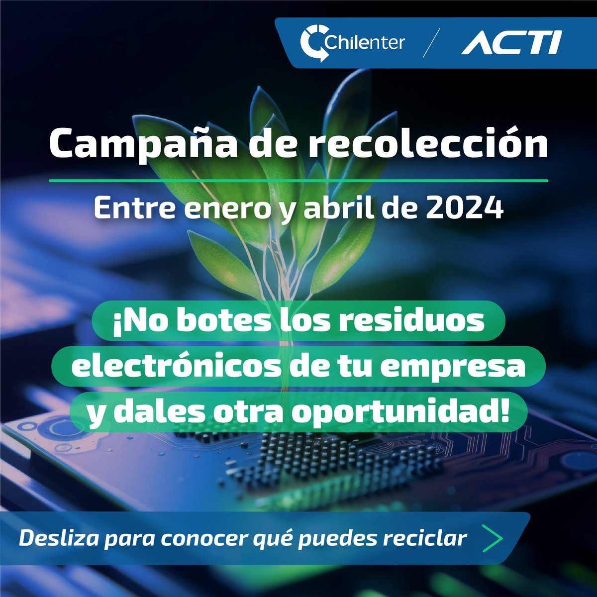 acti_chile's tweet photo. ¡Atención! Junto con Chilenter estaremos realizando una campaña de recolección de residuos electrónicos, que se extenderá desde enero hasta abril de 2024.

¿Qué se puede entregar? Servidores, routers, switch, cables y teléfonos celulares, entre otros. 💻🖥️🖨️

#ACTIChile https://t.co/SCin2YB4FF