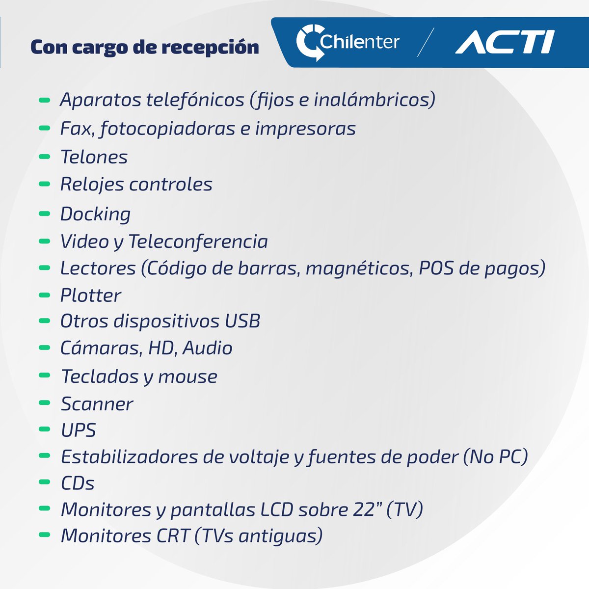 ¡Atención! Junto con Chilenter estaremos realizando una campaña de recolección de residuos electrónicos, que se extenderá desde enero hasta abril de 2024.

¿Qué se puede entregar? Servidores, routers, switch, cables y teléfonos celulares, entre otros. 💻🖥️🖨️

#ACTIChile