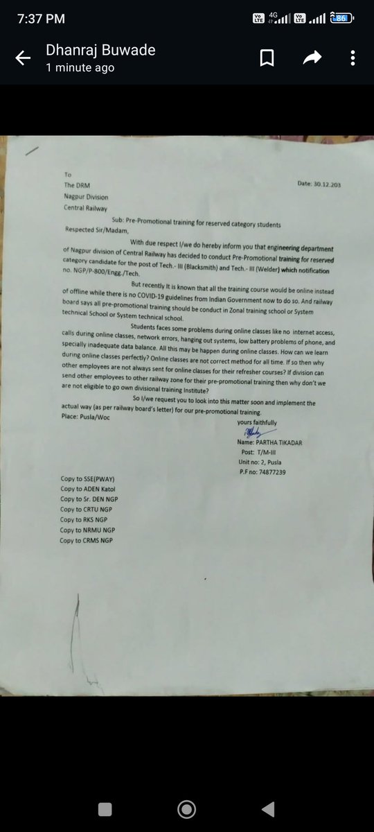 ParthaTikadar's tweet photo. @AshwiniVaishnaw @RailMinIndia @IR_CRB engg. Dept.of Nagpur divi. of central railway is going to conduct online pre-promotional training for reserved category candidates instead of offline and this is against railway boards letter no. 71/1991. A ridiculous decision taken by div.. https://t.co/qBQa3XuWOa