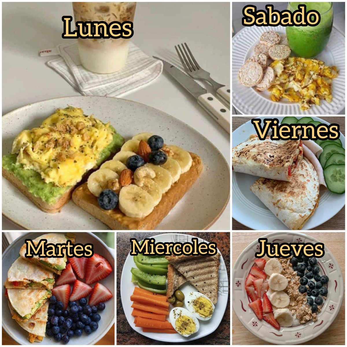SaludEnTuPlato_'s tweet photo. Desayunos para tu semana

Lunes
Pan con aguacate y huevos
Fruta

Martes
Fruta 
Dobladas de aguacate con jamon y pollo

Miercoles
Pan
Huevo
Aceitunas
Verduras

Jueves
Bowl de avena
Fruta al gusto
Stevia

Viernes
Sincronizada de jamón y queso
Verduras
Fruta

Sábado
Huevos
Galletas de arroz
Licuado de pepino, espinaca y piña