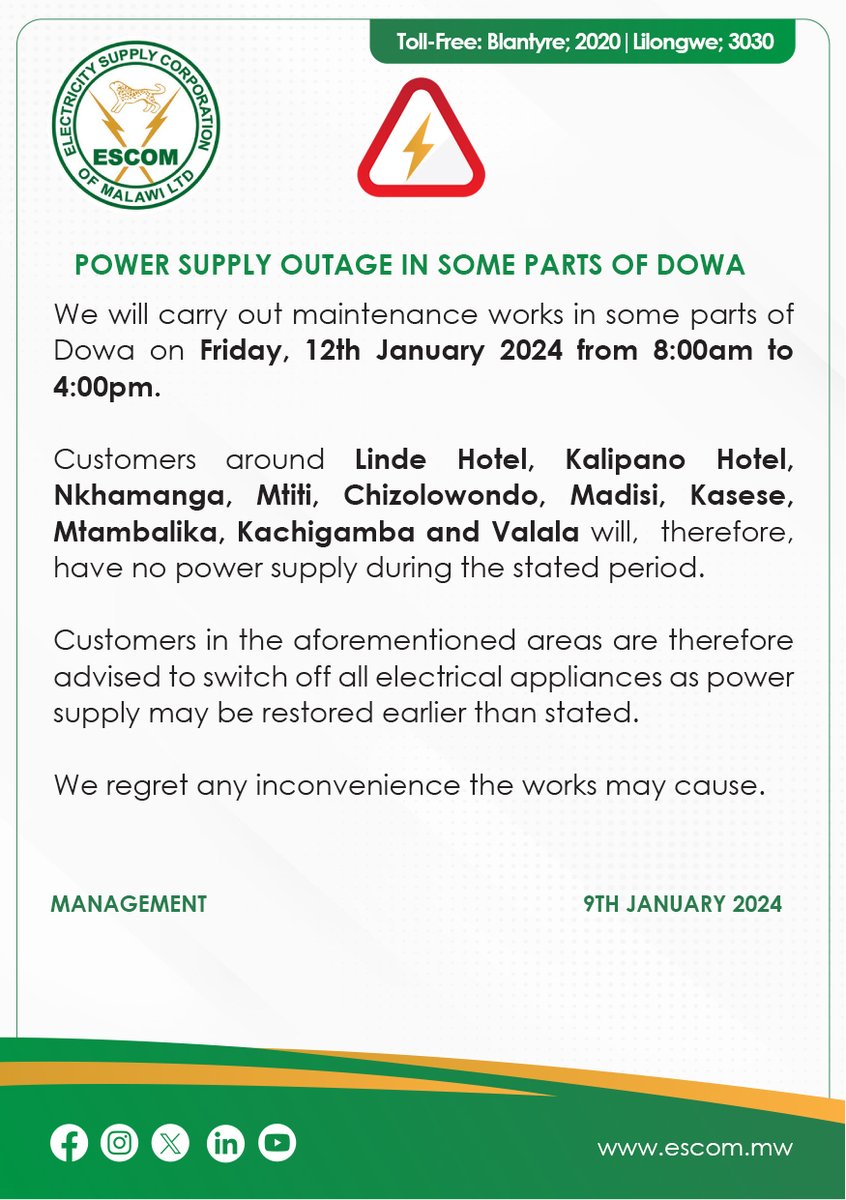 ESCOM_Malawi's tweet photo. POWER SUPPLY OUTAGE NOTICES https://t.co/zgqY5ASlae