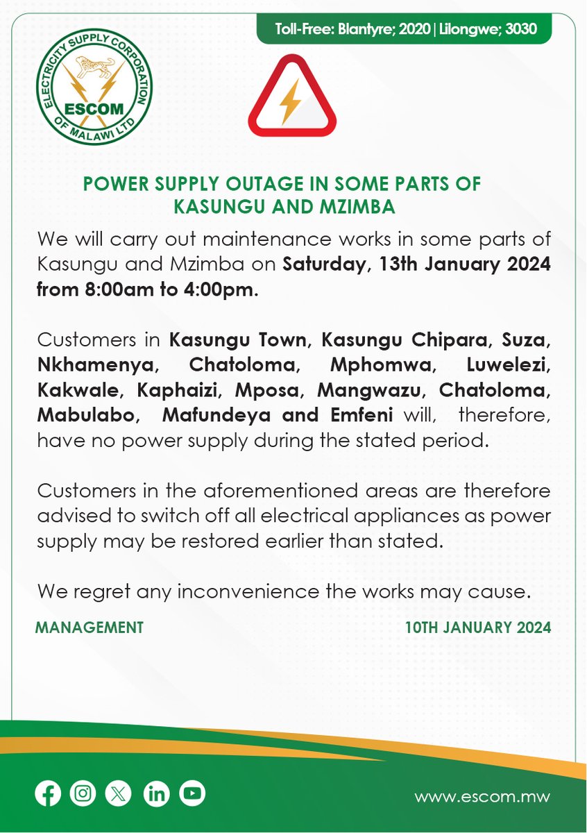 ESCOM_Malawi's tweet photo. POWER SUPPLY OUTAGE NOTICES https://t.co/zgqY5ASlae