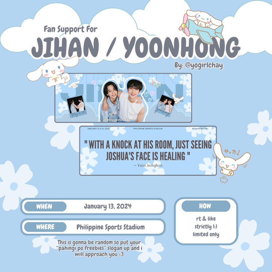jihandaisy's tweet photo. ꒰ #chaygives ꒱

#FOLLOW_TO_BULACAN  HAND BANNERS FOR JOSHUA AND JEONGHAN 🤍

Annyeong Caratdeuls and Jihanist out there i'll be handing out jihan/yoonhong banners on day 1 🥰

rt &amp; like to spread!!

See you on on d-day!! ✨ https://t.co/29R7XUy4y9