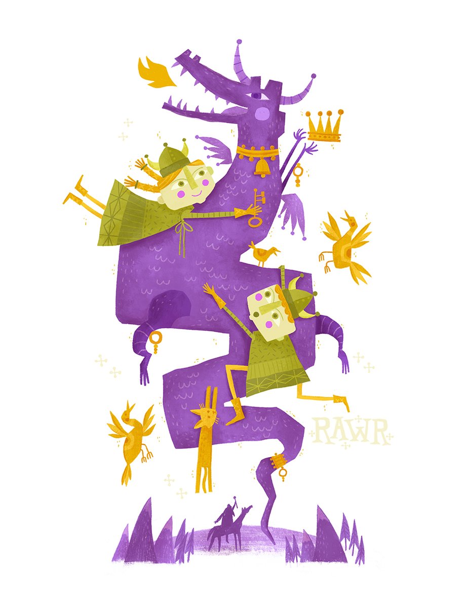 Rawr. A Dragon! Who would not try to ride this rambunctious purple fellow? #scbwidrawthis #dragon #childrensillustration #kidlit #picturebook #purple #crown #birds #handlettering #illustration #illustrator