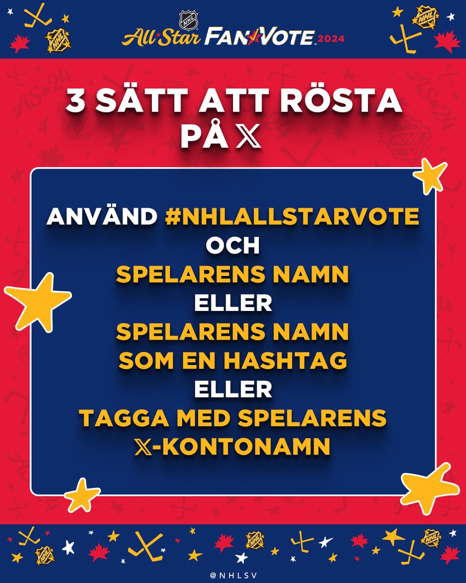 NHLsv's tweet photo. Fler svenskar till #NHLAllStar! 🇸🇪 

William Nylander - #NHLAllStarVote 
Elias Pettersson - #NHLAllStarVote 
Mika Zibanejad - #NHLAllStarVote 
Linus Ullmark - #NHLAllStarVote 

1 RT = 1 Röst! 🌟 https://t.co/pIBfguKYTJ