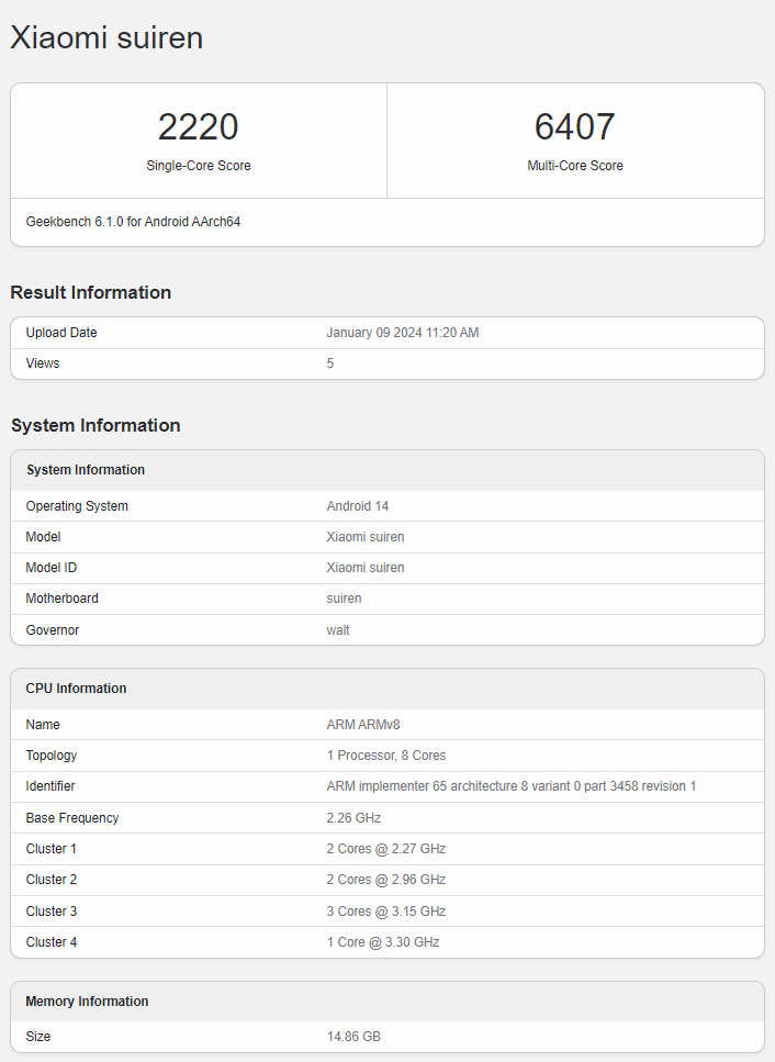 Alleged Xiaomi 14 Ultra (Xiaomi Suiren) Geekbench listing 