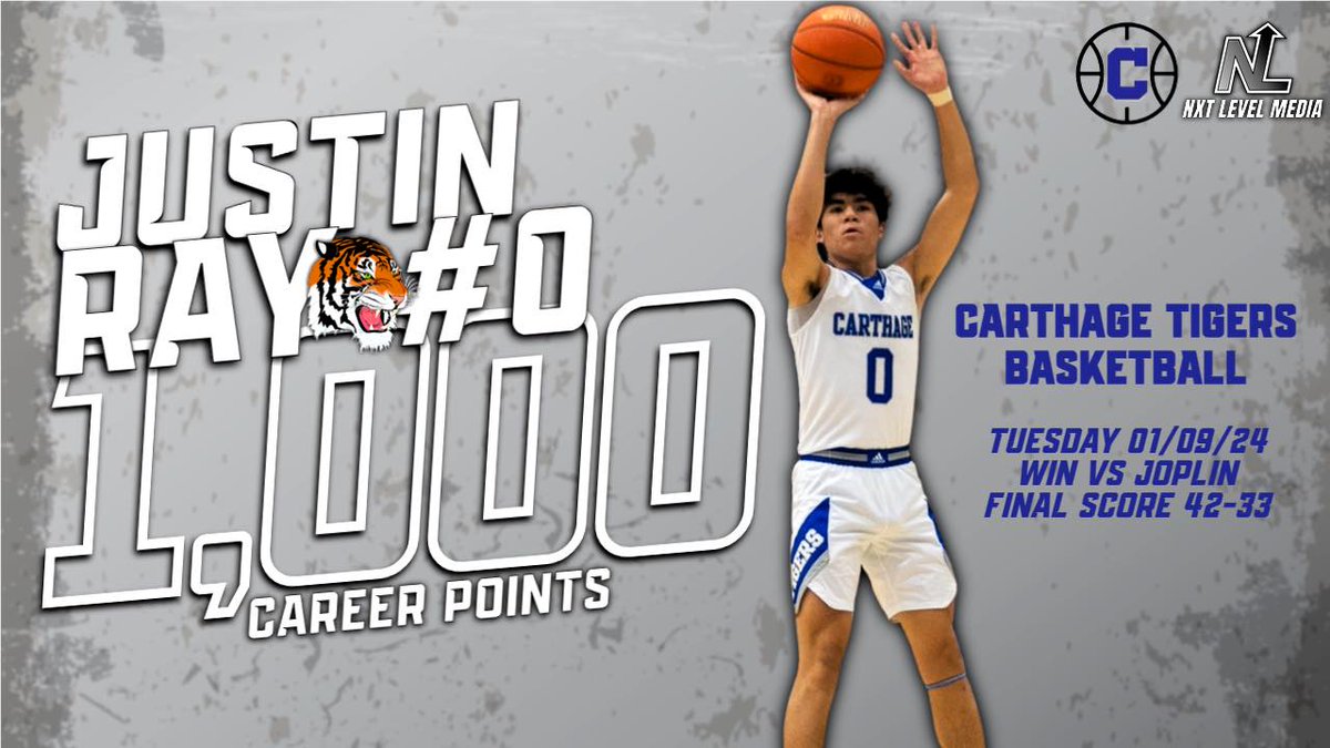 CarthageR9SD's tweet photo. Congrats to Carthage Boys Basketball senior Justin Ray on scoring his 1,000 career point, reaching this milestone moment during their 42-33 win on the road over the Joplin Eagles!🏀🐅 #TigerPride #ThousandPointClub https://t.co/QD2Mhy660O