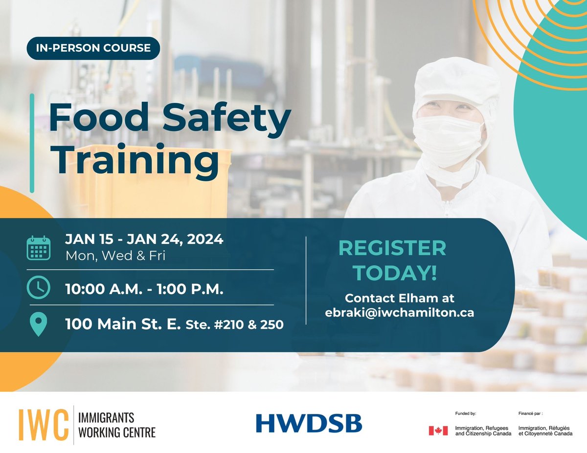 iwchamilton's tweet image. 🌟📷Join our 5-Day Food Safety Training, in collab w/ @HWDSB  and earn your Food Handler Certification! Starting next Mondays  Jan 15 until Jan 24.  Classes on Mon, Wed, Fri. 10AM-1PM. #FoodHandler #CertificationCourse #HamOnt📷 🚀 More info: iwchamilton.ca/event/food-saf…