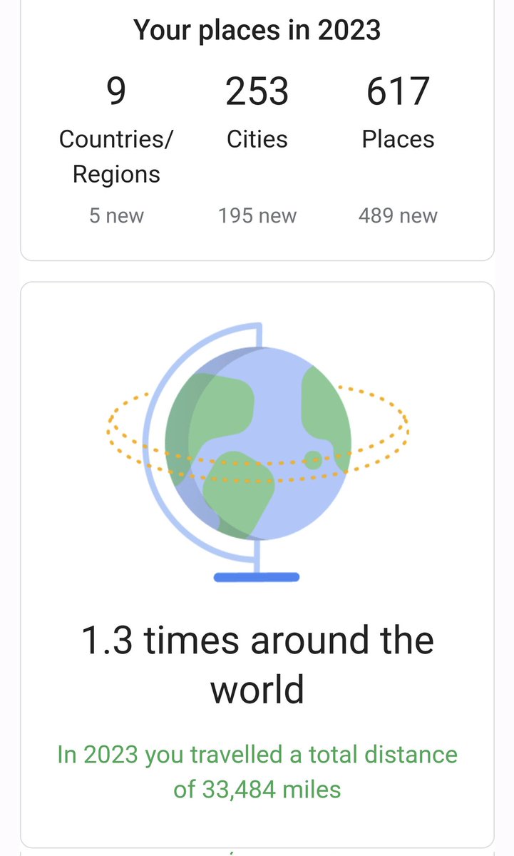 lottiecgross's tweet photo. Forget Spotify wrapped. This is the wrapped I've been waiting for 😍 I walked 765 miles, drove for 655 hours and travelled almost 2,500 miles by public transport in 2023 👏 #googlemaps #googletimeline https://t.co/fZ2USYSMo2