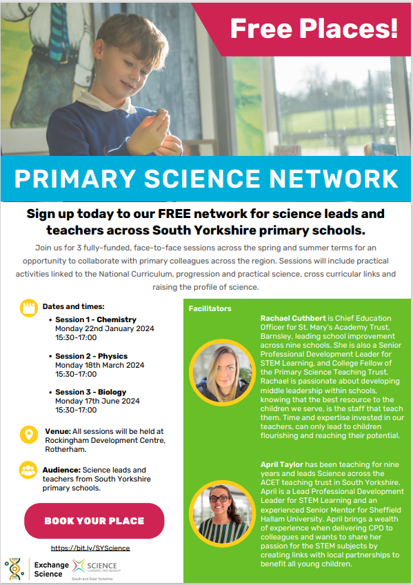 RoSIS_1's tweet photo. Sign up to @exchange_slp FREE networks for science across South Yorkshire primary schools. All sessions at #RockinghamPDC &amp; include practical activities linked to National Curriculum, progression &amp; practical science, cross curricular links &amp; raising the profile of science. https://t.co/H1tvVeuHhD