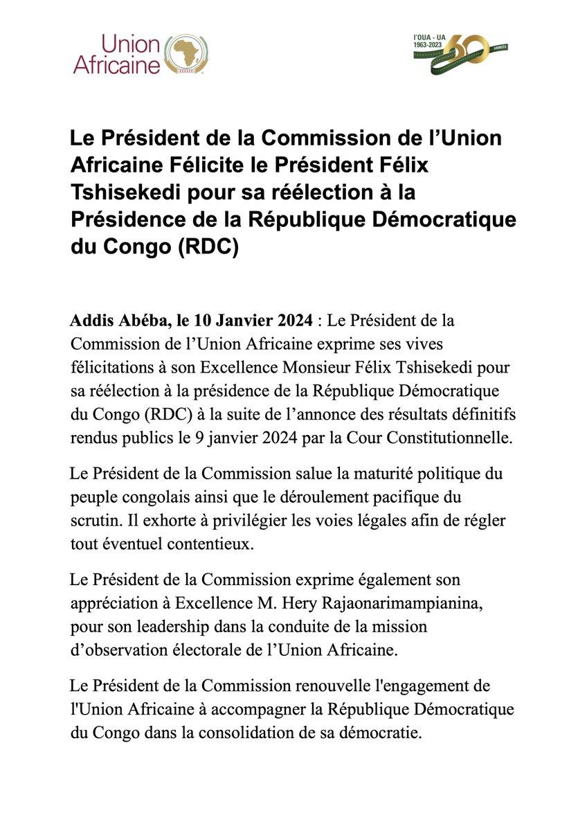 _AfricanUnion's tweet photo. Le Président de la Commission de l’Union Africaine félicite le Président Félix Tshisekedi pour sa réélection à la Présidence de la République Démocratique du Congo (RDC) : https://t.co/Hh9FFjaq1d https://t.co/TmVun6CzOE