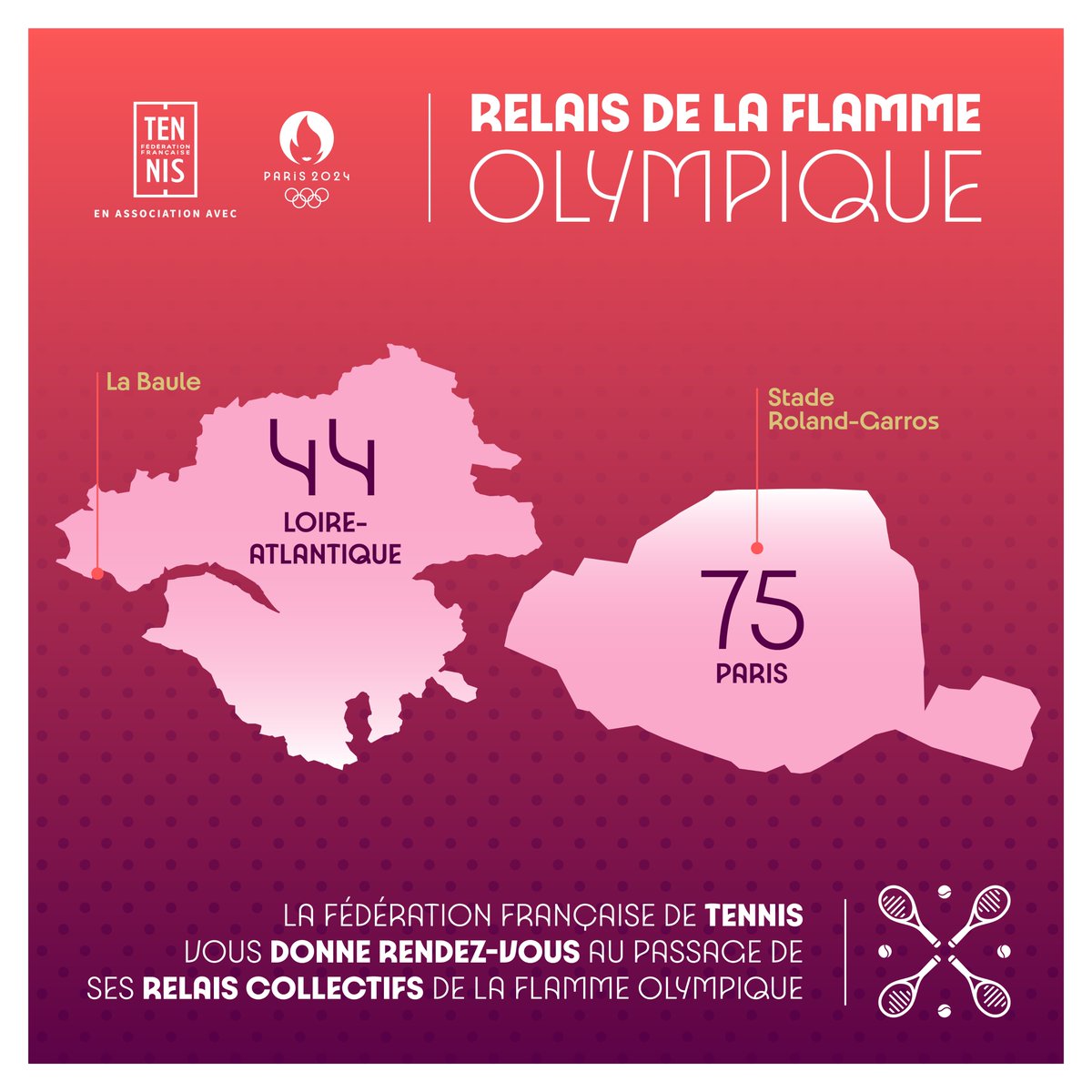 Pour 2024, la Fédération Française de Tennis vous donne rendez-vous au passage de la Flamme Olympique le 5 juin à La Baule et le 15 juillet à Paris, au Stade Roland-Garros 🔥