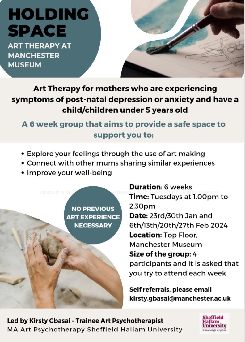 Currently have a couple of spaces available on this #perinatal group beginning in a couple of weeks at @McrMuseum. If you work with/know a mum that could benefit from this, please share with them.  @HomeStartMCR @motherswhomake <a href="/Women_MATTA/">WomenMATTA</a> #arttherapy