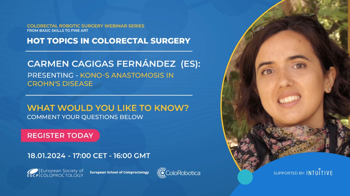 Our webinar on 'Hot Topics in #ColorectalSurgery' will explore Kono's Anastomosis in Crohn's Disease with Carmen Cagigas Fernández. Share your questions for Carmen & join us on 18.01.24 at 17:00 CET. Register: i.mtr.cool/czenwjphnv #ColorectalSurgeon #RoboticSurgery @YouESCP