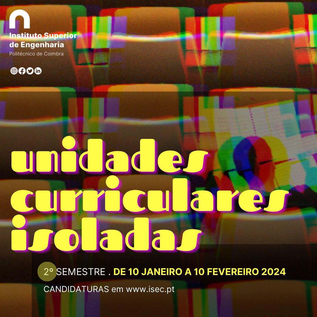 📷𝐏𝐫𝐚𝐳𝐨 𝐝𝐞 𝐜𝐚𝐧𝐝𝐢𝐝𝐚𝐭𝐮𝐫𝐚𝐬: 𝐝𝐞 𝟏𝟎.𝐣𝐚𝐧.𝟐𝟒 𝐚 𝟏𝟎.𝐟𝐞𝐯.𝟐𝟒
Mais informações em isec.pt/PT/ESTUDAR/UCI…