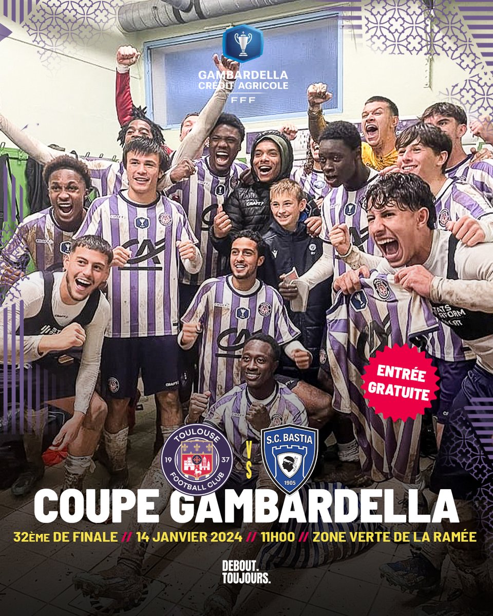 ToulouseFC's tweet photo. Dimanche, réglez votre ⏰

Nos Pitchouns reçoivent le @SCBastia à 11h00 à La Ramée, en 32ème de finale de Coupe #Gambardella.

Venez nombreux les encourager à l'occasion de cette belle affiche 💪😈

Entrée gratuite 🙂 https://t.co/s598ohfI08