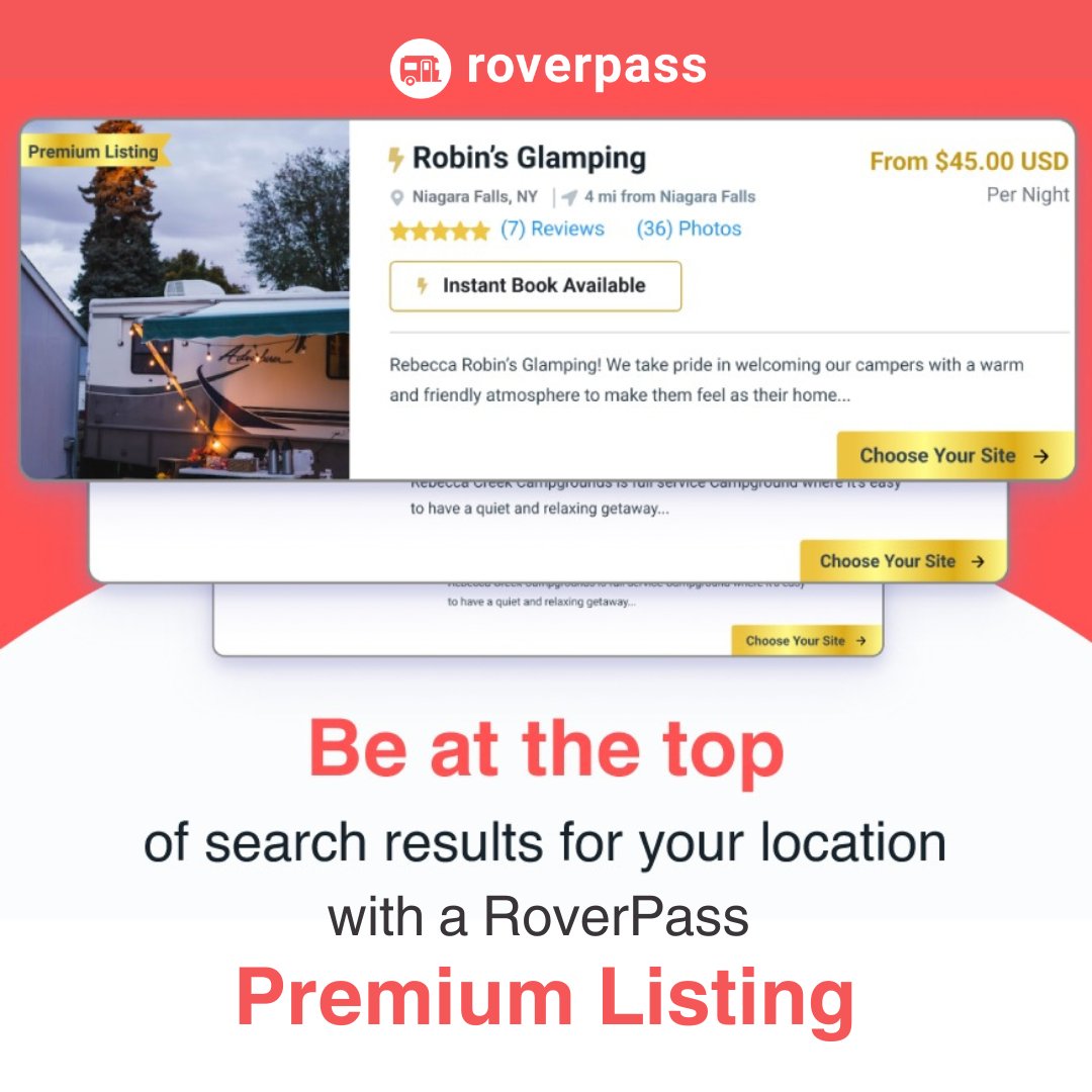 RoverPass #PremiumListings give #campground &amp; #RVpark owners an easy way invest in their own #marketing and receive more #bookings. Get more exposure for your property and a greater opportunity for more revenue!

Learn more &amp; request a Premium Listing: hubs.ly/Q02fW1Nt0