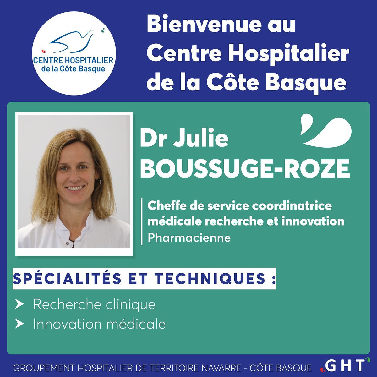Pays Basque #Hôpital #Bayonne  #nouveau #pharmacien #recherche #clinique #innovation  #monhopitalestattractif 
Bienvenue au Centre Hospitalier de la Côte Basque au Dr Julie BOUSSUGUE-ROZE en tant que Cheffe de service coordonnatrice médicale #Recherche et #Innovation