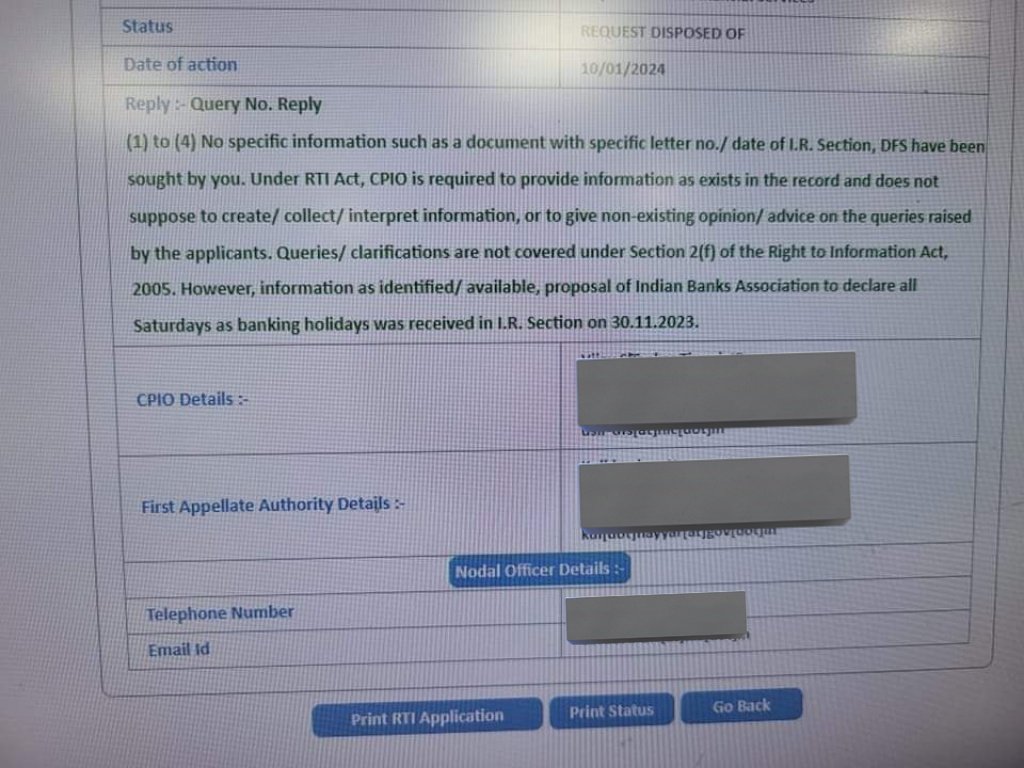 idesibanda's tweet photo. DFS received #5DaysBanking proposal from IBA on 30 Nov'23 ~RTI https://t.co/UJJwGMcS4M