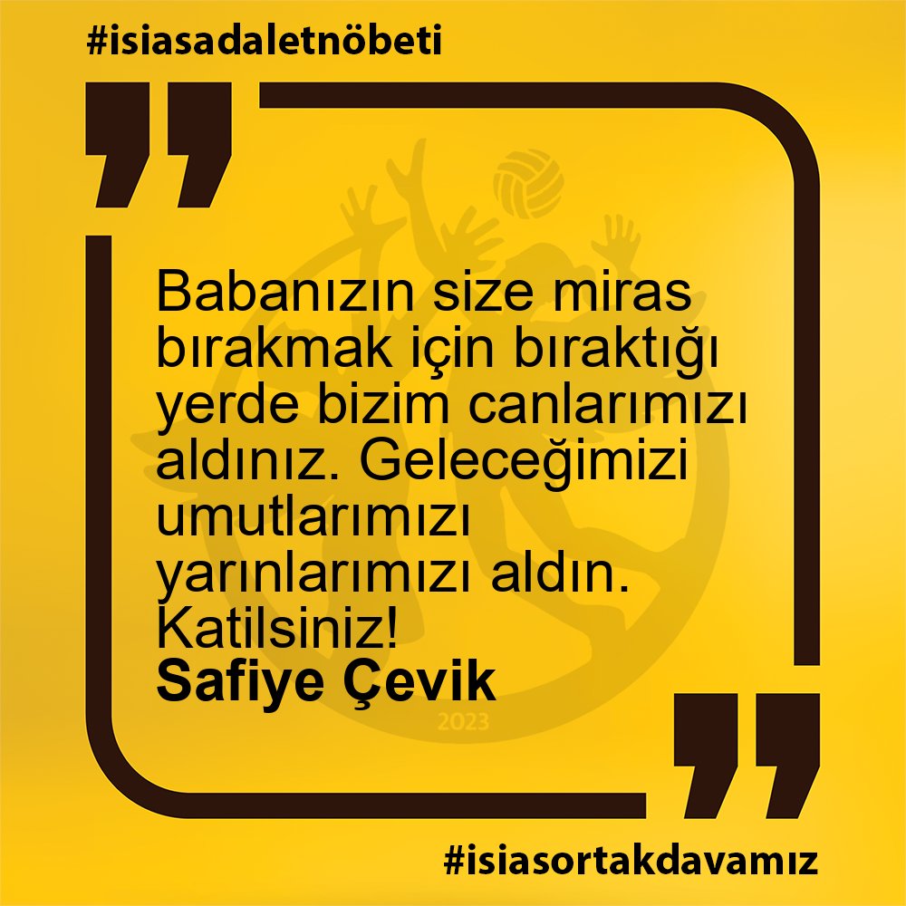 Safiye Çevik - Babanızın size miras bırakmak için bıraktığı yerde bizim canlarımızı aldınız. Geleceğimizi umutlarımızı yarınlarımızı aldın. Katilsiniz!

#isiasadaletnöbeti
#isiasortakdavamız
#isiasolasıkast
#isiasemsaldavaolacak