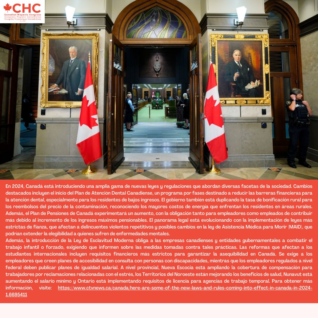 Here are some of the new laws and rules coming into effect in Canada in 2024 🇨🇦👨‍⚖️📜💸💼 #unmillonjuntos #CHC #1millonstrong #noticias #hispanxs #latinxs #news #CanadaLaws #PensionPlan #ModernSlaveryAct #InternationalStudents #LegalReforms #Healthcare #SocialJustice