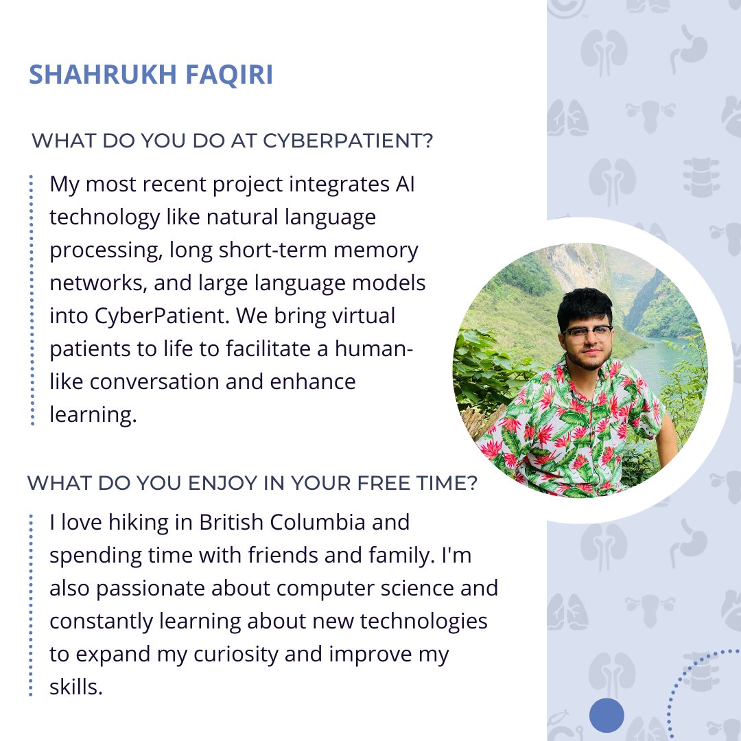 Meet Shahrukh Faqiri - our Full Stack Software Developer. Shahrukh is working to bring cutting-edge AI technology to CyberPatient. Outside of work, you can find him enjoying the nature and hiking in British Columbia's mountains. 

#CyberPatient #MeetTheTeam