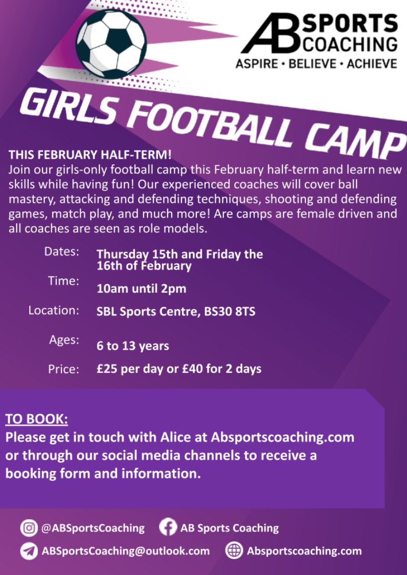 Girls Football Camp this February Half Term at SBL Sports Centre run by AB Sports Coaching. Book your place directly with them today. #girlsfootball #sblsportscentre #oldlandcommon #febhalftermactivity