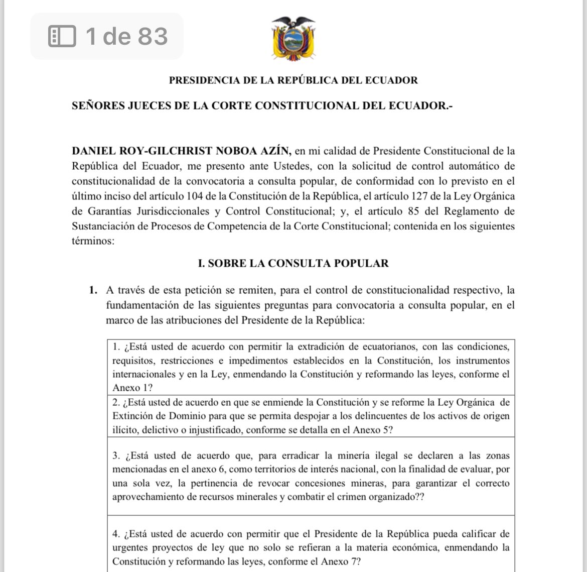 etorrescobo's tweet photo. Tal como se tenía previsto desde un principio y se lo dijo a los medios en la rueda de prensa que se dio afuera de la Corte Constitucional, las 9 preguntas adicionales para la Consulta Popular fueron presentadas formalmente el día de ayer, vía digital y con firma electrónica. 

Hago un comedido llamado a los grandes medios de comunicación a no seguir con la desinformación y con los ataques injustificados al gobierno. 

Unámonos aunque sea esta vez y dejemos a un lado a los terroristas y a los desestabilizadores. 

El Presidente @DanielNoboaOk lidera un cambio contundente e histórico que nos requiere unidos y firmes. 

¡La Patria finalmente vencerá!