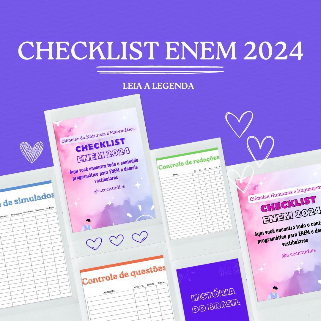 ceciistudies's tweet image. GENTE, criei um checklist com todo conteúdo programático para enem e vestibulares, ele conta tbm com controle de questões, de redação e de simulados, TUDO DE FORMA GRATUITA. Para tê-lo é só me só me seguir, comentar EU QUERO e se puder ajudar compartilhando 🫶🏾 #studytt #study