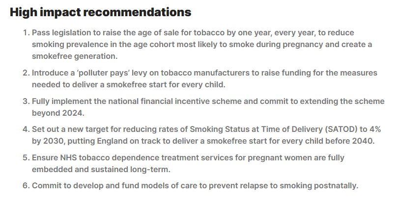 COPDdoc's tweet photo. A manifesto for smokefree beginnings.
The Smoking in Pregnancy Challenge Group’s 4th national report setting out recommendations to accelerate progress in reducing rates of smoking during pregnancy.
https://t.co/msTP6QJJag @AshOrgUK #SATOD https://t.co/2eL5RDzlqb