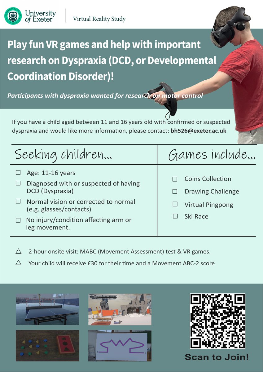 We're looking for #dyspraxic adolescents in Devon to help us validate a newly-developed #VR screening tool. Participants get a MABC-2 screening, compensation for their time (£30), and the chance to play some cool newly-developed VR games.   Sign up here! shorturl.at/amnSX