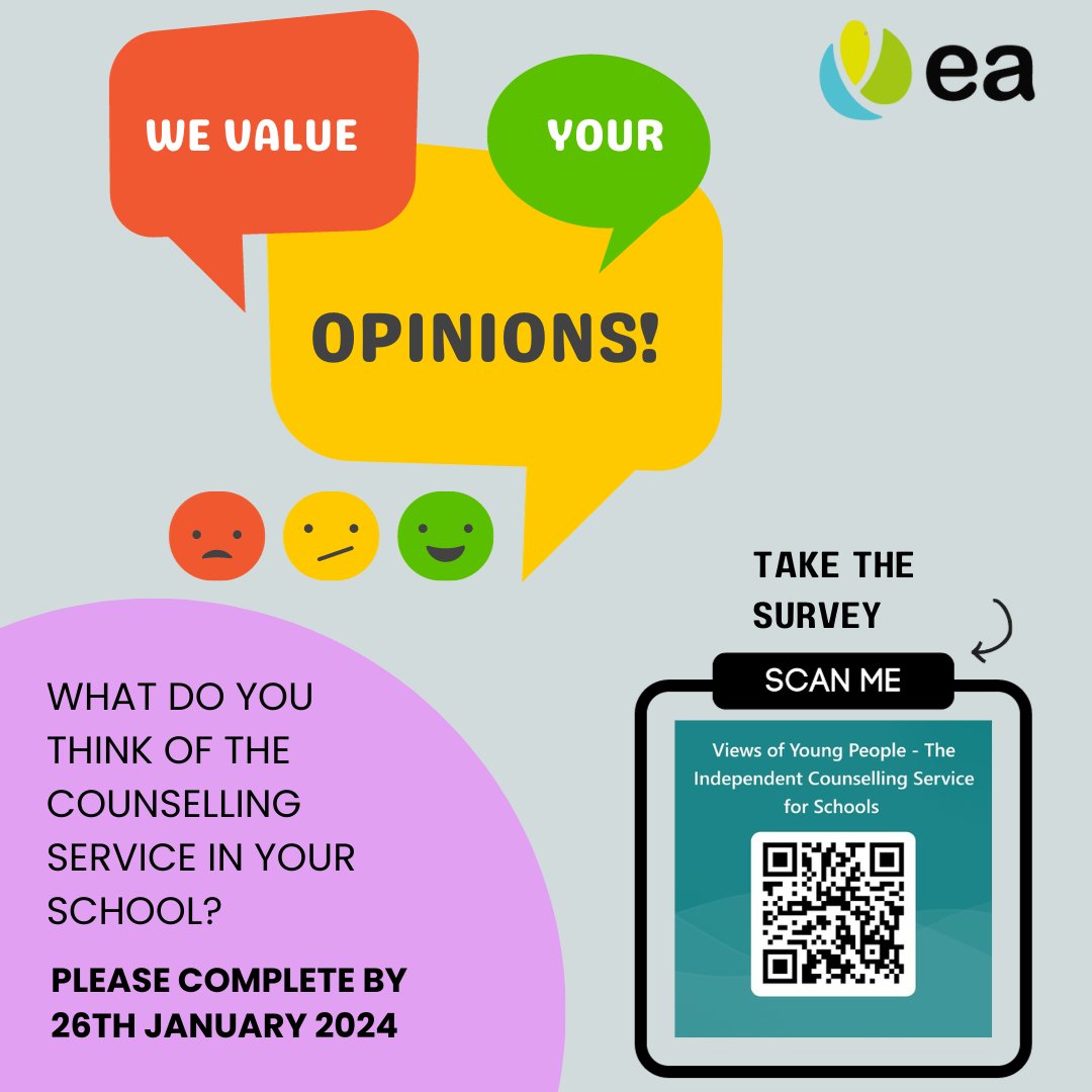 EA would like to hear the views of  young people in post-primary schools about the Independent Counselling Service for Schools (ICSS). Please go to the link to tell us what you think! 
➡ ow.ly/GwzH50QpyvX