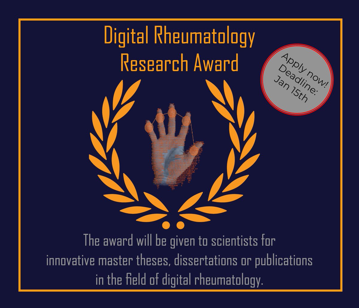 DIGITAL RHEUMATOLOGY RESEARCH AWARD! APPLY NOW! DEADLINE: JANUARY 15, 2024
Don't miss this opportunity to be recognized for your groundbreaking contributions to the field of digital rheumatology! Find further information here: digitalrheumatology.org/6th-digital-rh…