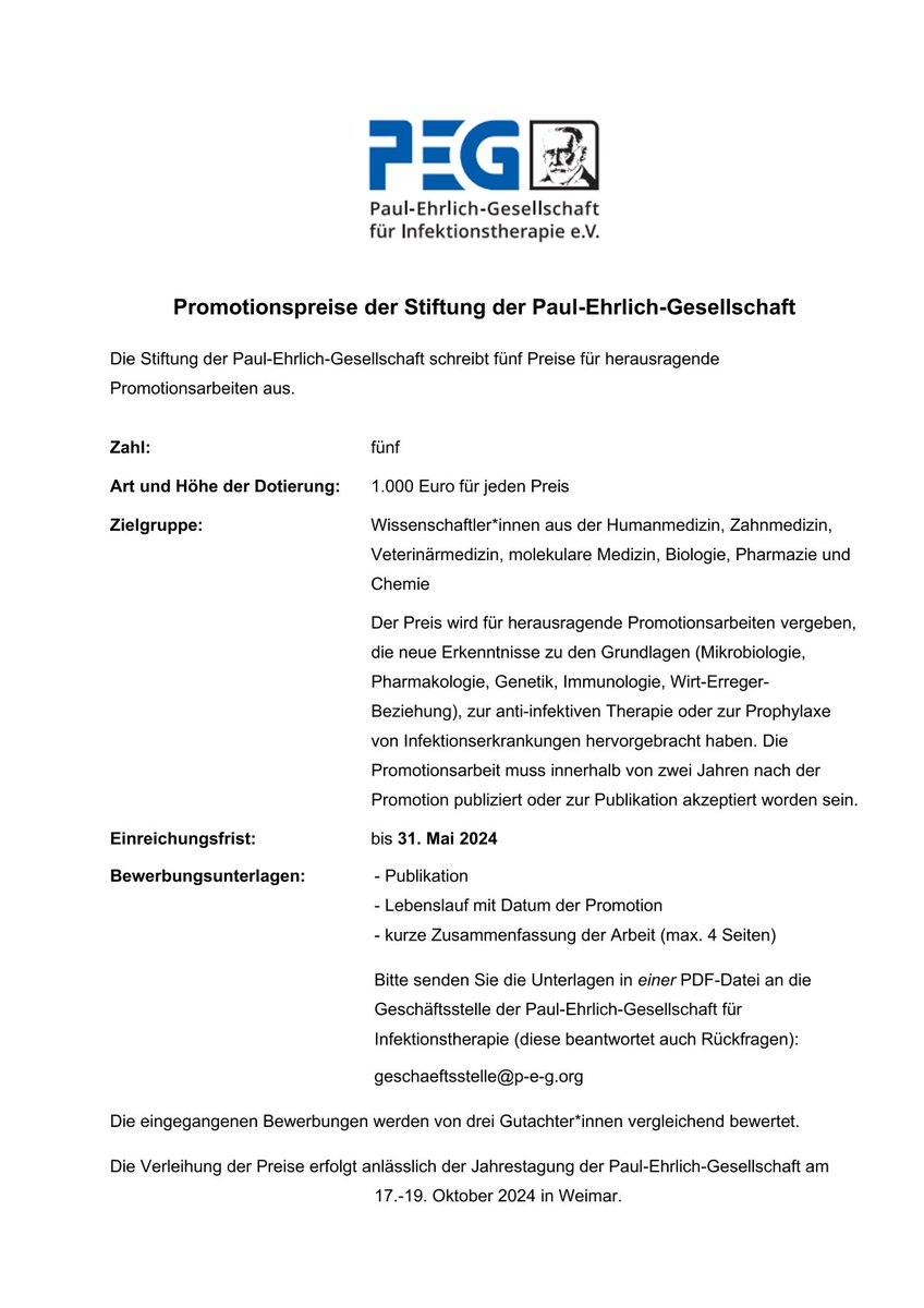 Wir wünschen Euch einen guten Start in 2024 !
Zusätzlich gratulieren wir allen frisch promovierten Kolleg*innen !
Die Stiftung der Paul-Ehrlich-Gesellschaft vergibt 5 Promotionspreise, die mit 1.000 € dotiert sind !
Viel Erfolg bei der Bewerbung !