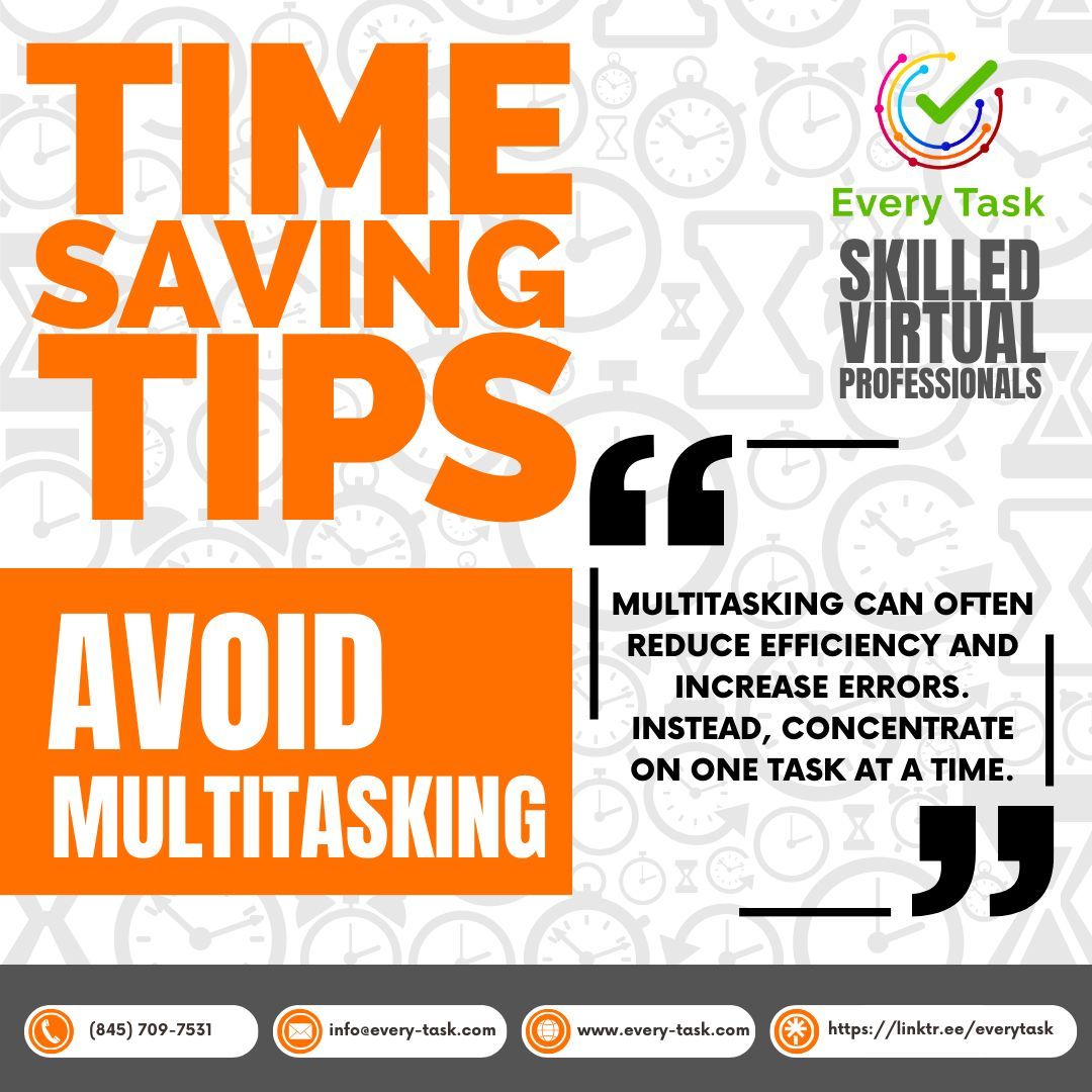 everytaskusa's tweet image. Avoid Multitasking: Multitasking can often reduce efficiency and increase errors.  Instead, concentrate on one task at a time.
every-task.com 
#everytask #virtualassistant #todolist #getorganized #productivity #businesssupport #remoteworking #timemanagement